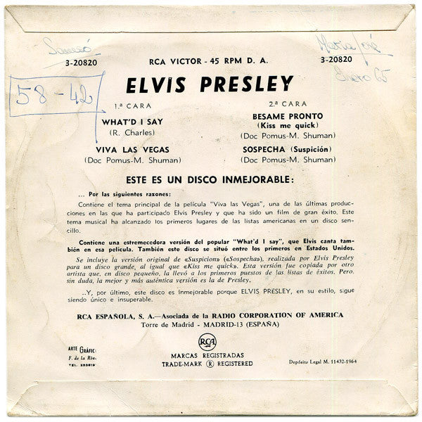 Elvis Presley : Canta: What'd I Say / Viva Las Vegas / Bésame Pronto / Sospecha (7", EP)