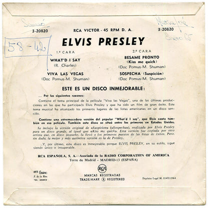 Elvis Presley : Canta: What'd I Say / Viva Las Vegas / Bésame Pronto / Sospecha (7", EP)