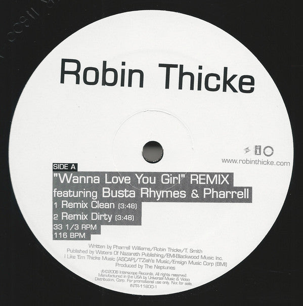Robin Thicke Featuring Busta Rhymes & Pharrell Williams : Wanna Love You Girl (Remix) (12", Promo)