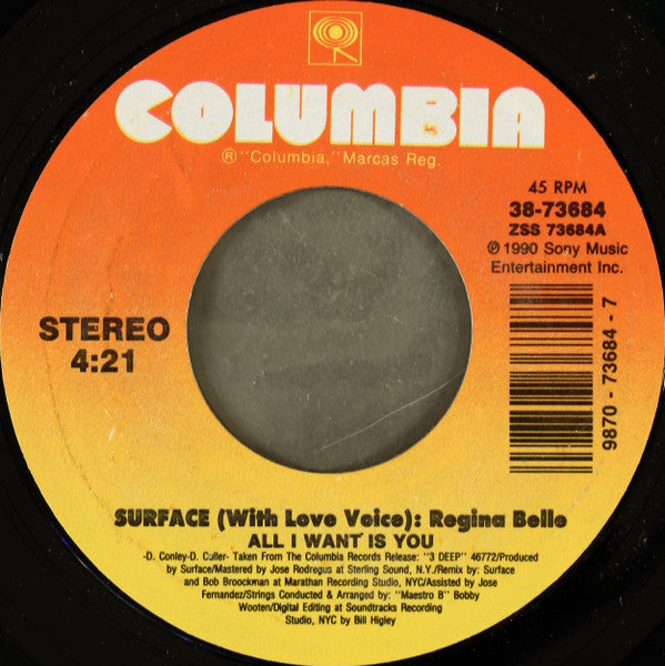 Surface With Love Voice Regina Belle : All I Want Is You (7", Styrene)