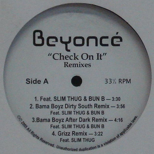 Beyoncé : Check On It (Remixes) (12", Single)