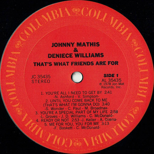 Johnny Mathis & Deniece Williams : That's What Friends Are For (LP, Album, Pit)