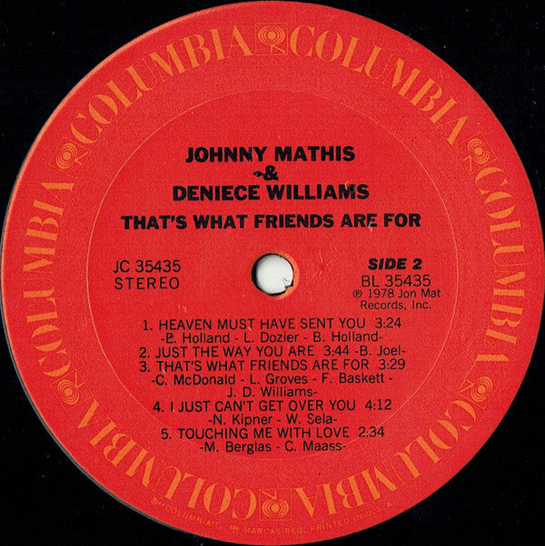 Johnny Mathis & Deniece Williams : That's What Friends Are For (LP, Album, Pit)