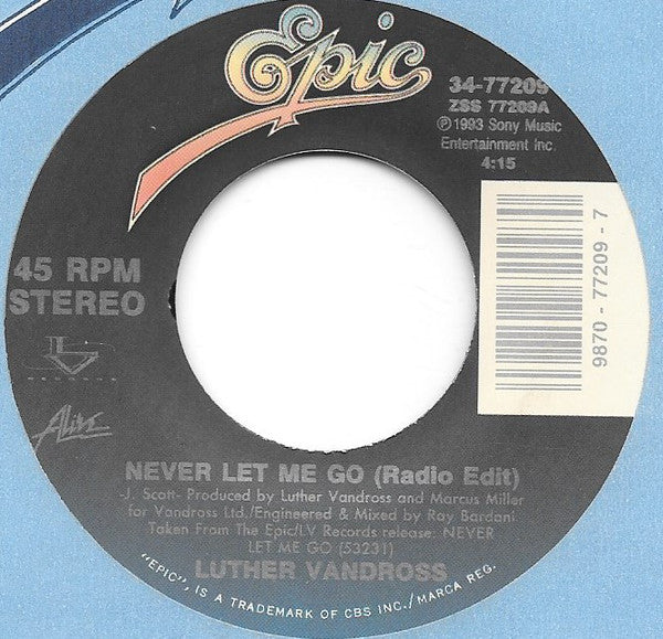 Luther Vandross : Never Let Me Go (7", Single)