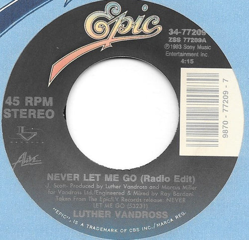 Luther Vandross : Never Let Me Go (7", Single)