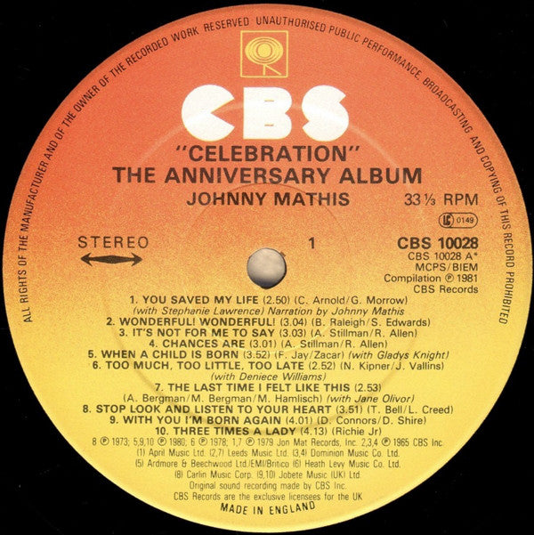 Johnny Mathis - Celebration (The Anniversary Album) (LP, Album, Comp)