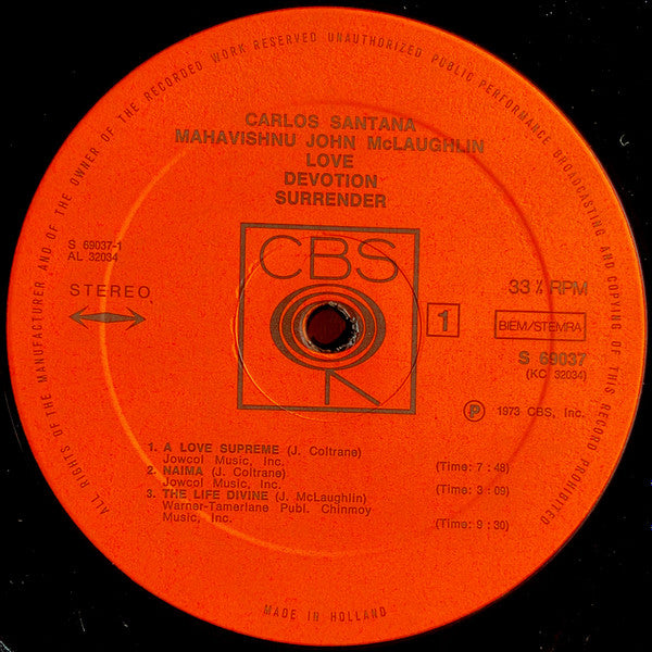 Carlos Santana & John McLaughlin - Love Devotion Surrender (LP, Album, Club, Gat)