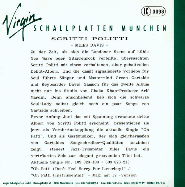 Scritti Politti + Miles Davis : Oh Patti (7", Single)