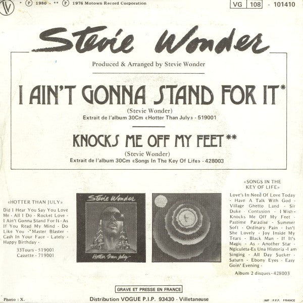 Stevie Wonder : I Ain't Gonna Stand For It (7", Single)