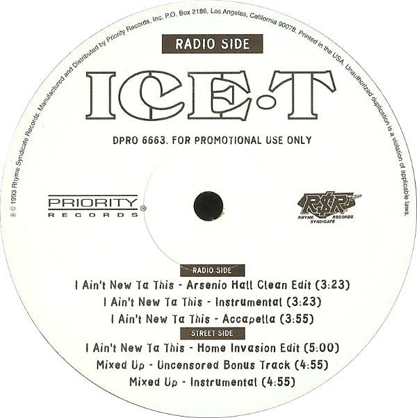 Ice-T : I Ain't New Ta This (12", Promo)
