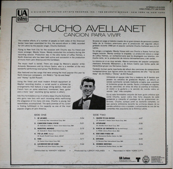 Chucho Avellanet : Canción Para Vivir (LP, Album, Mono)