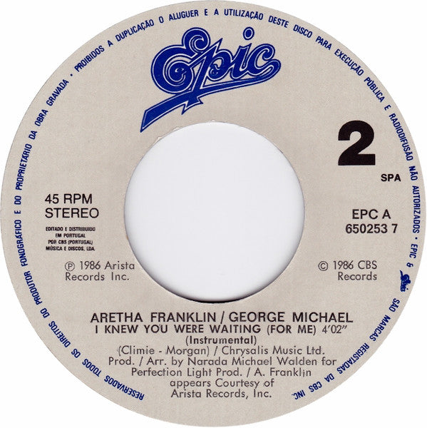 Aretha Franklin & George Michael : I Knew You Were Waiting (For Me) (7", Single)