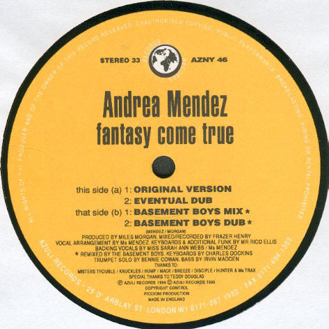 Andrea Mendez : Fantasy Come True (Original & Basement Boys Mixes) (12")