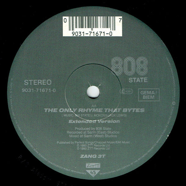 MC Tunes Versus 808 State : The Only Rhyme That Bites (12")