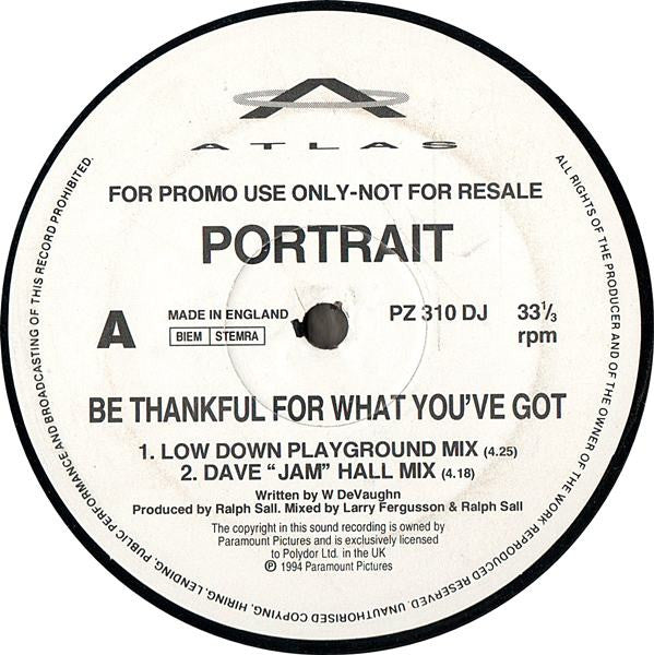 Portrait - Be Thankful For What You've Got (12", Single, Promo)