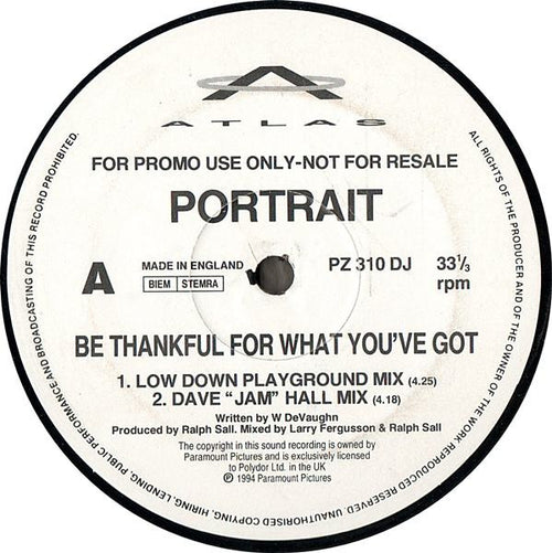 Portrait - Be Thankful For What You've Got (12", Single, Promo)