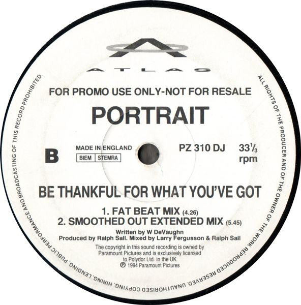 Portrait - Be Thankful For What You've Got (12", Single, Promo)