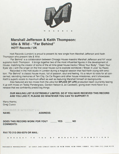 Marshall Jefferson & Keith Thompson Present Idle & Wild - Far Behind (12")