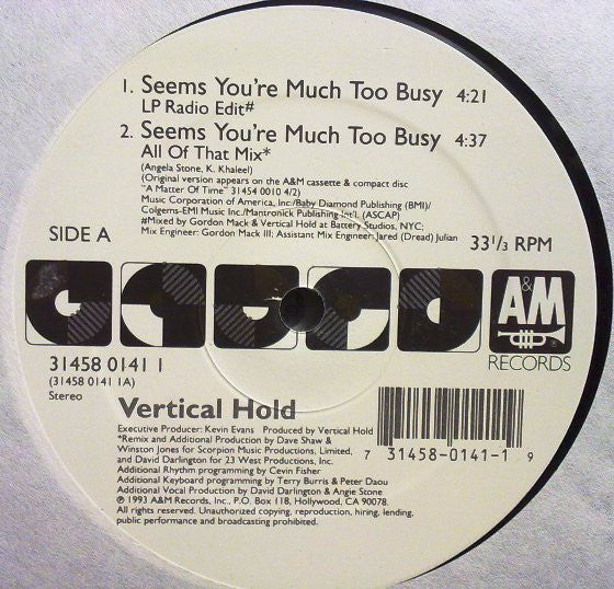 Vertical Hold - Seems You're Much Too Busy (12", Maxi)