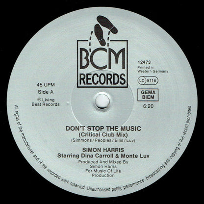 Simon Harris Starring Dina Carroll & Monte Luv : Don't Stop The Music (12")