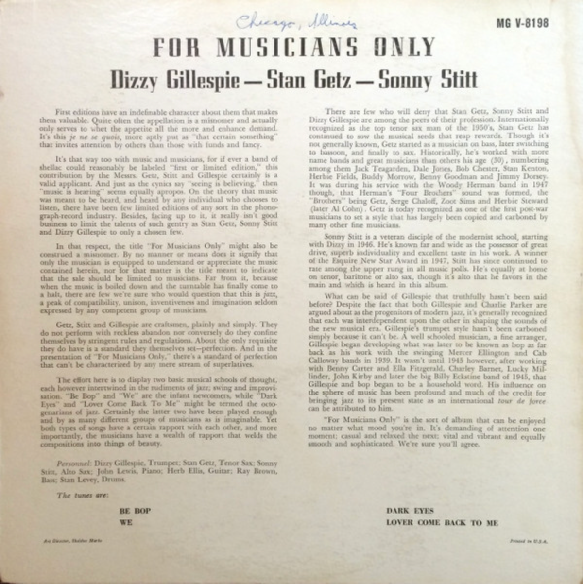 Stan Getz / Dizzy Gillespie / Sonny Stitt - For Musicians Only (LP, Album) (Near Mint (NM or M-))